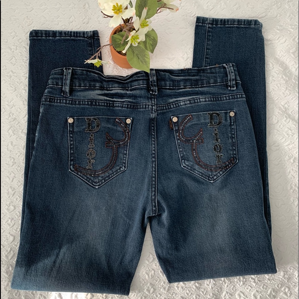 Dior Embellished Sequins Stretch Blue Jeans Size 10?